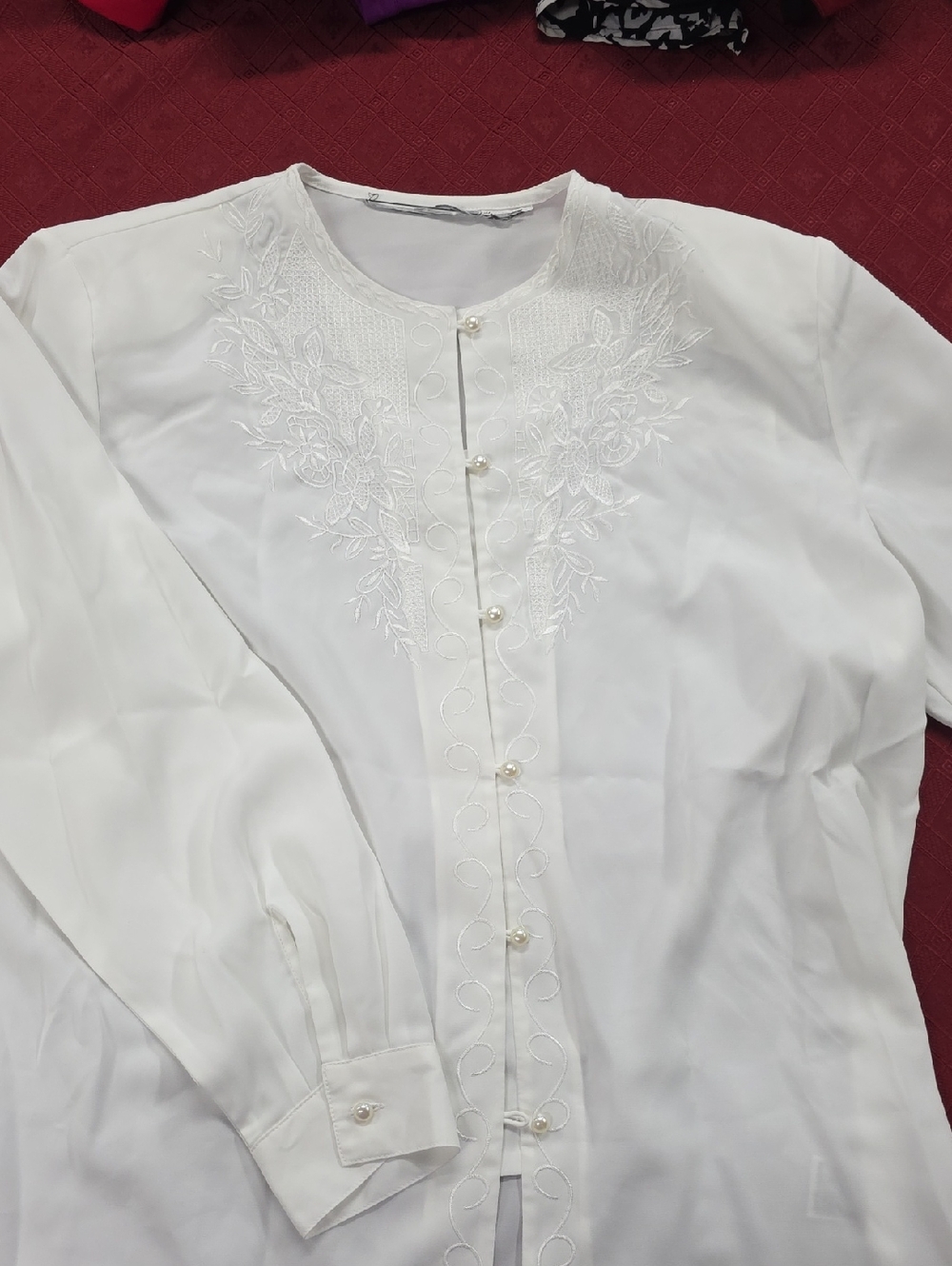 White Embroidered Pearl-Button Blouse